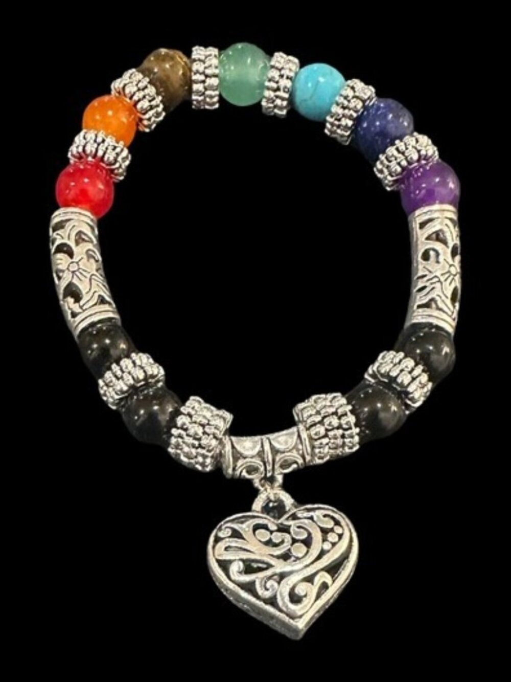 Natural Stone Chakra Healing with Silver Heart Charm & Intricate Details